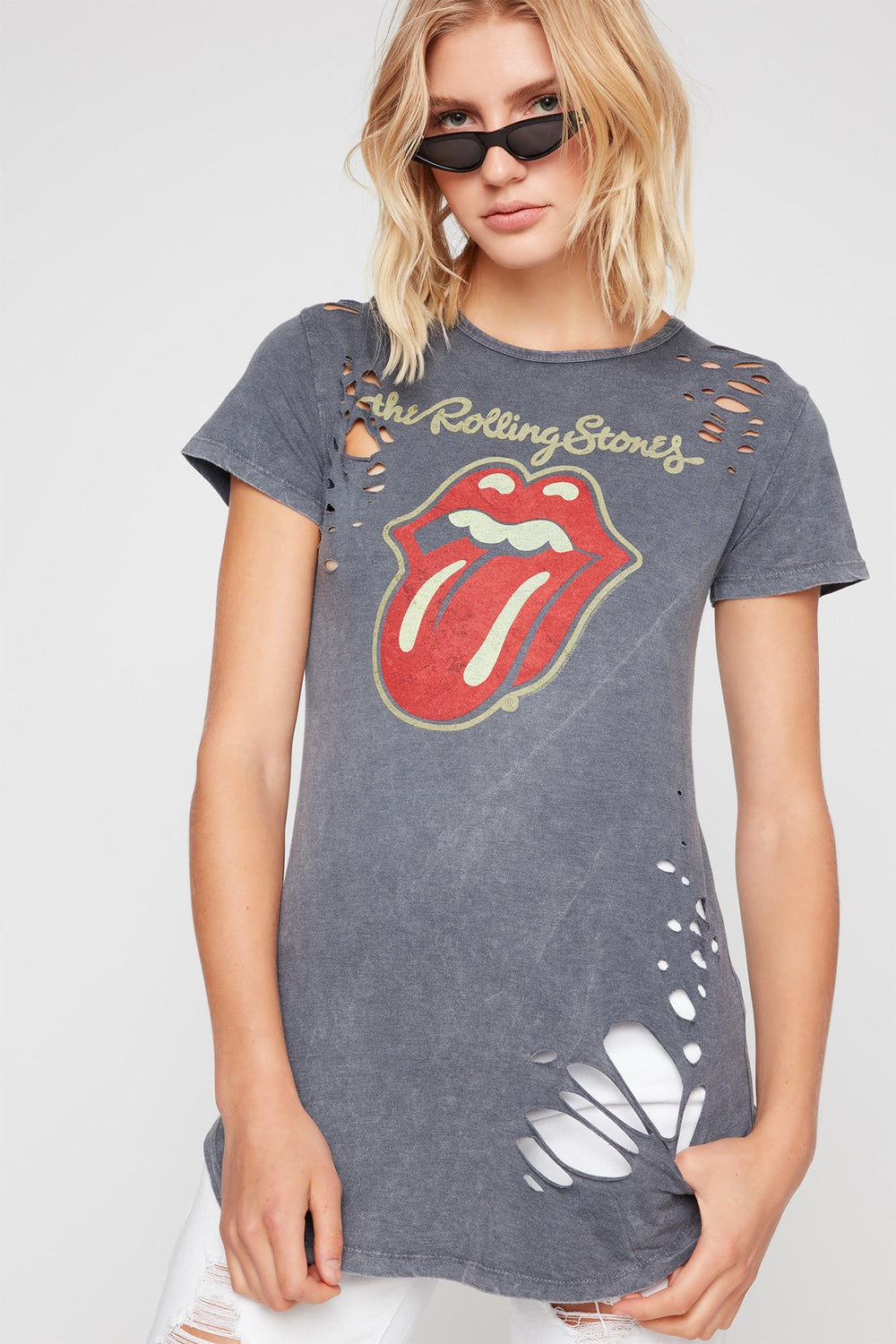 Women T-shirt d'aspect usé à imprimé Rolling Stones et ourlet arrondi Noir