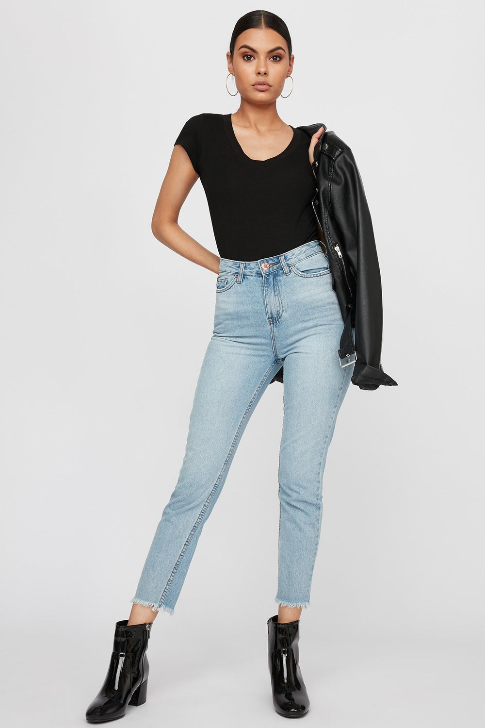 Women T-shirt de base à encolure en V Noir
