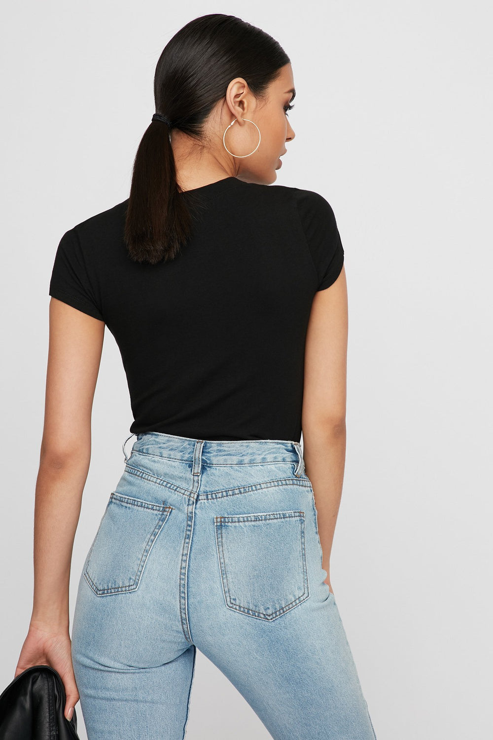 Women T-shirt de base à encolure en V Noir