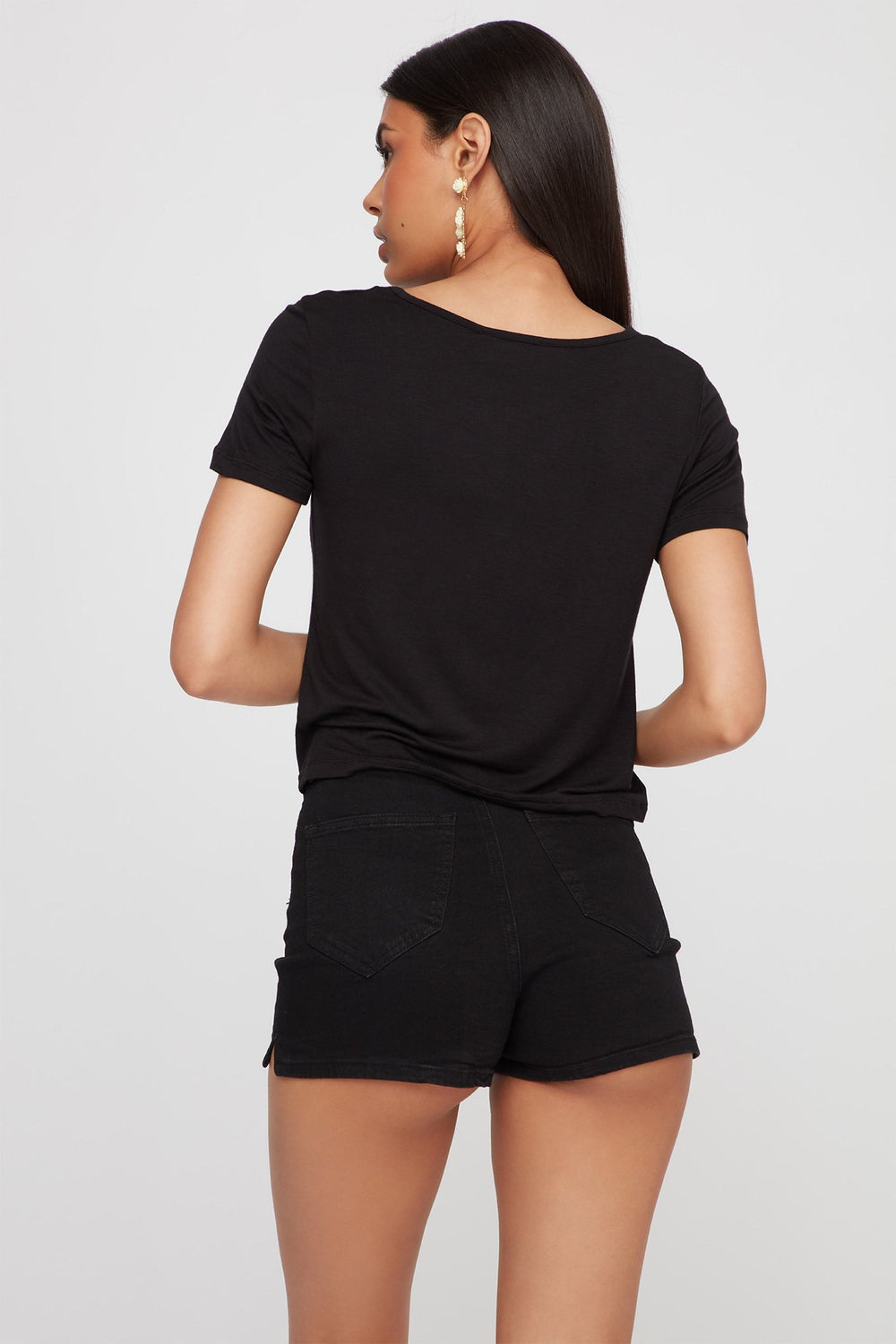 Women T-shirt de base léger à motif de cage au cou Noir