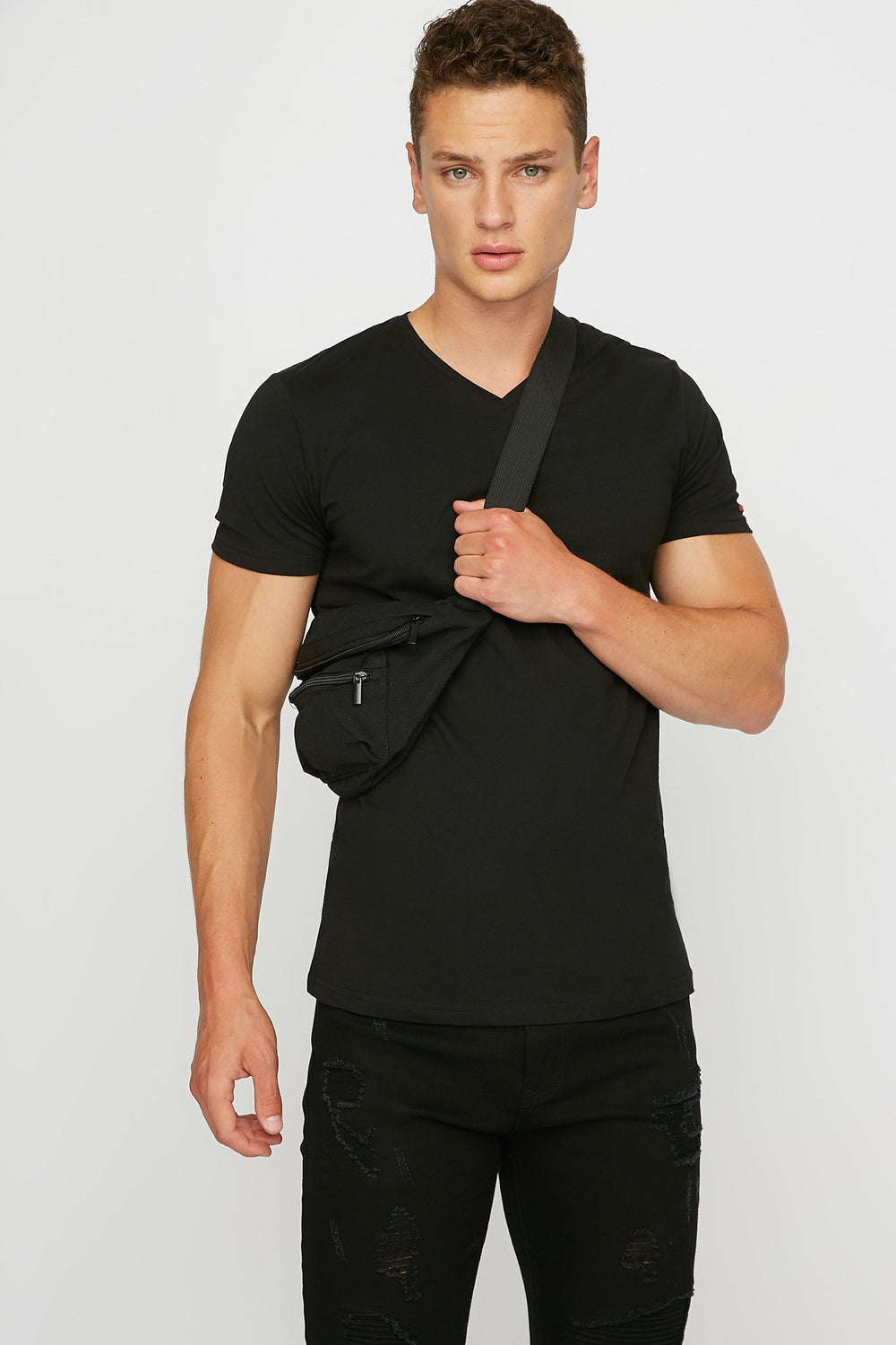 Men T-shirt doux à encolure en V Noir