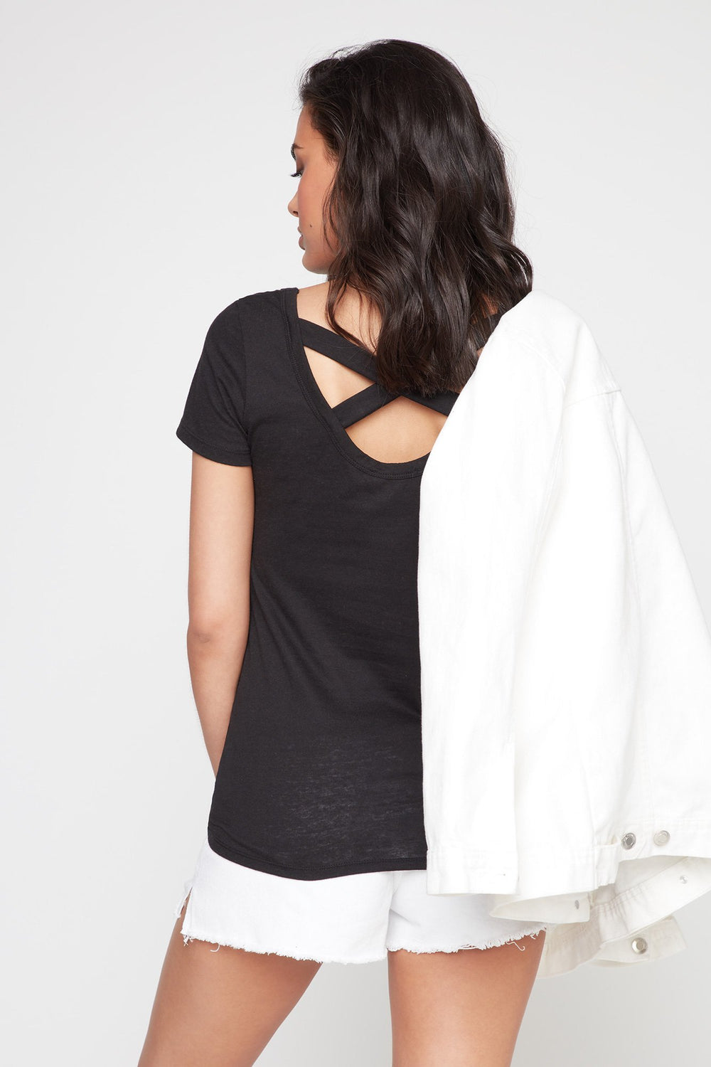 Women T-shirt léger croisé au dos Noir