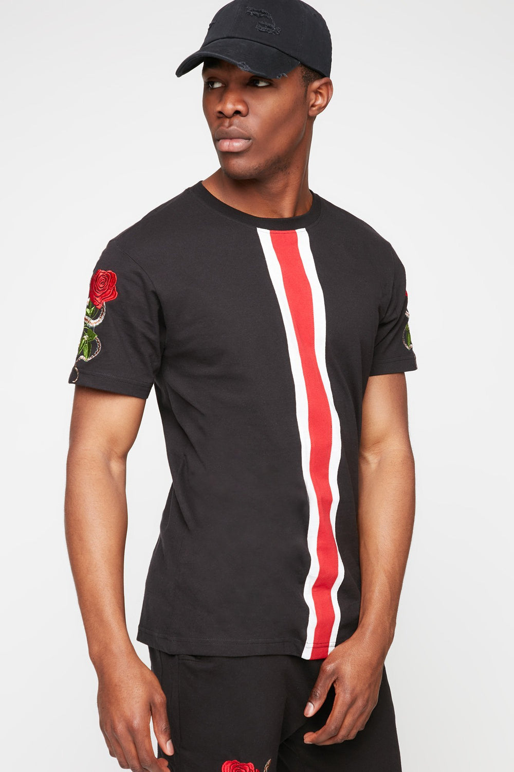 Men T-shirt rayé à broderies de serpent et de rose Noir