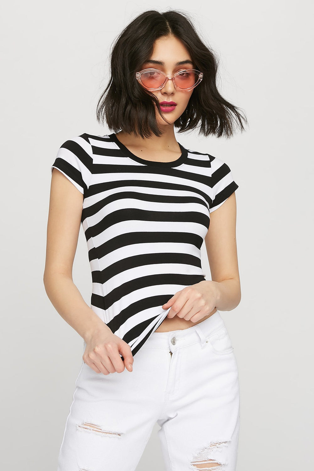 women T-shirt rayé à encolure arrondie Noir