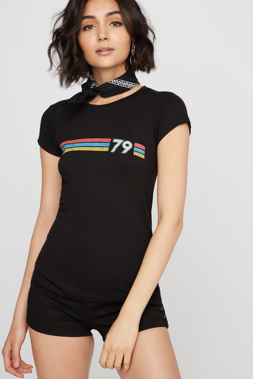 Women T-shirt rayé à imprimé 79 Noir
