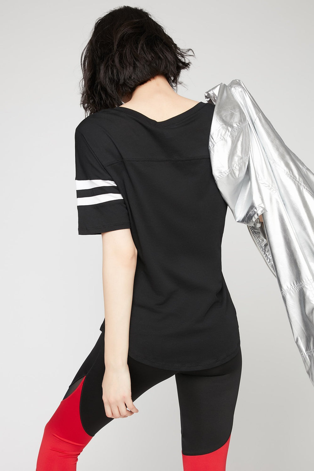 Women T-shirt rayé de style universitaire à encolure en V Noir