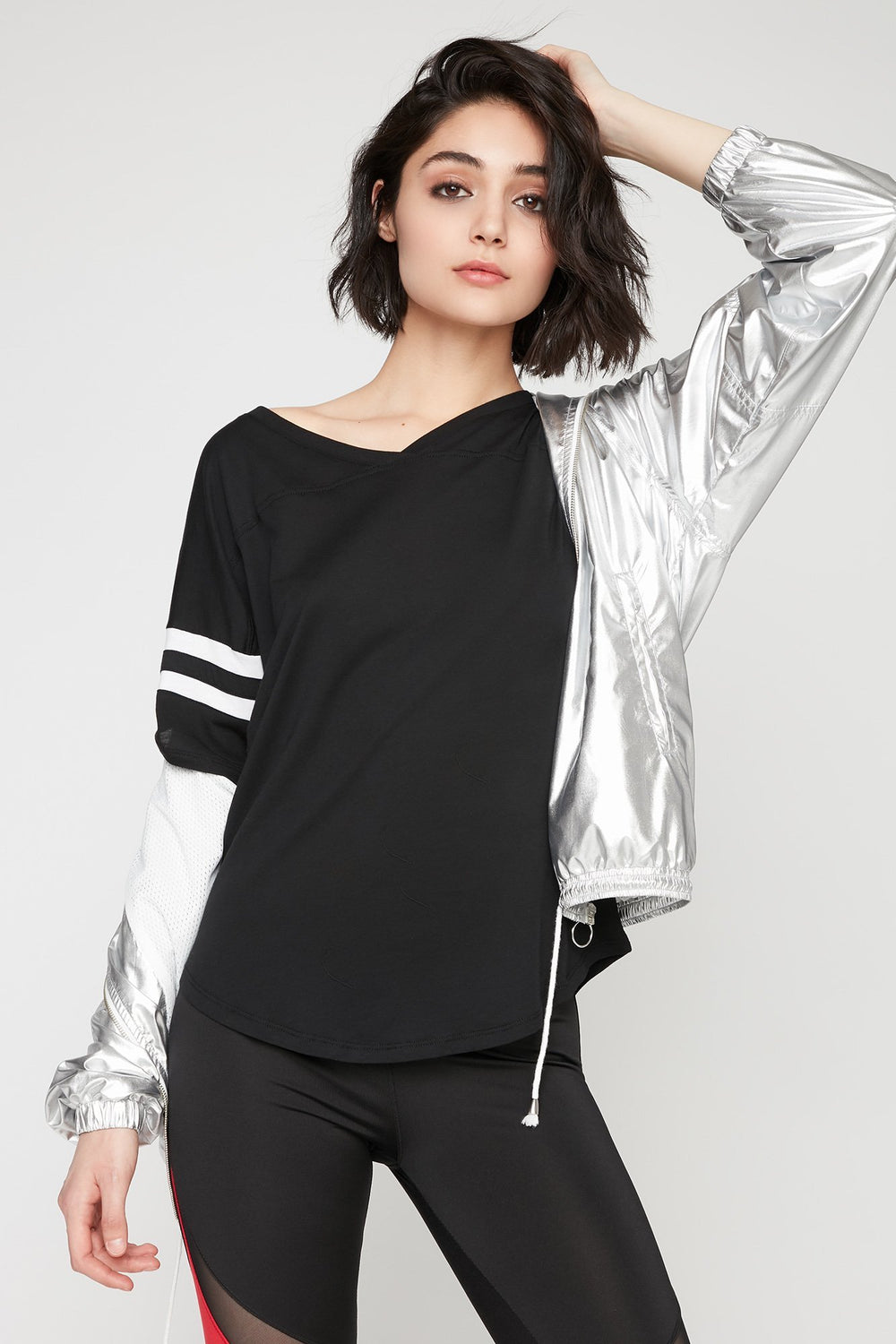 Women T-shirt rayé de style universitaire à encolure en V Noir