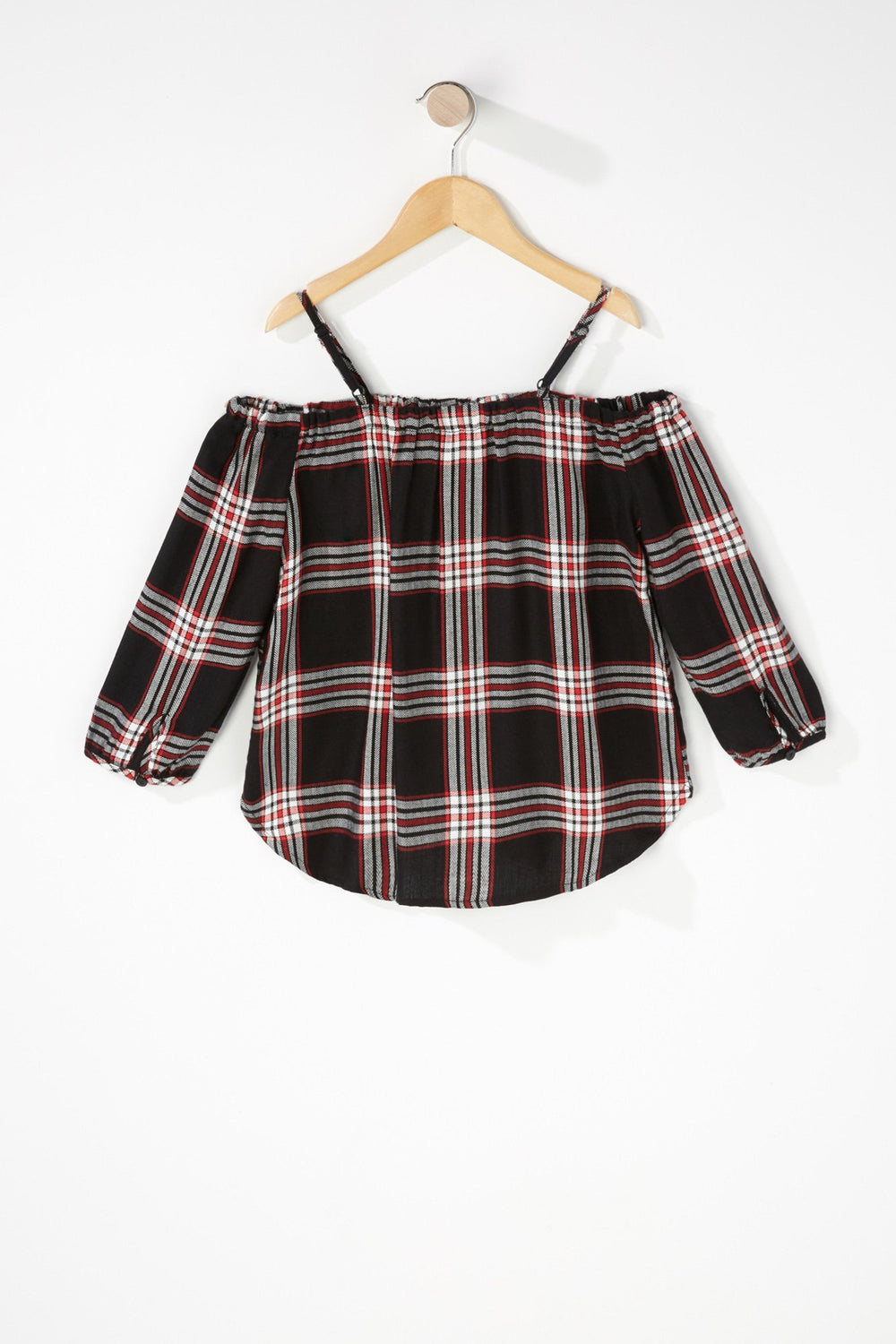 Kids Blouse à carreaux nouée devant avec attache et épaules dénudées pour fille Noir