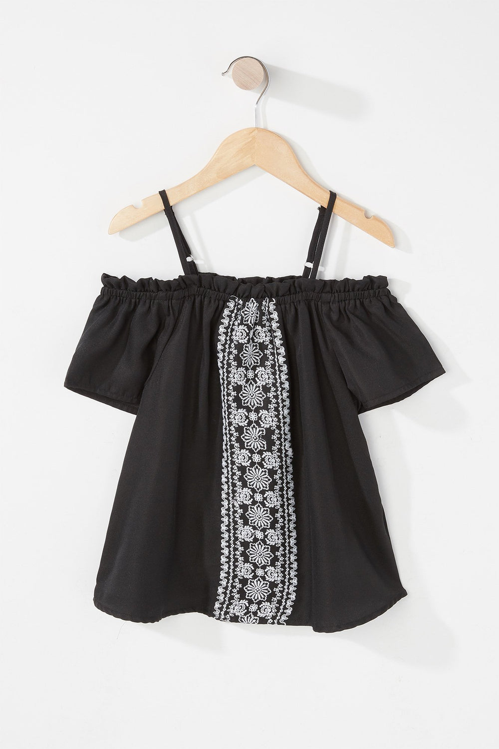 Kids Blouse à manches évasées volantées avec broderies et épaules dénudées pour fille Noir