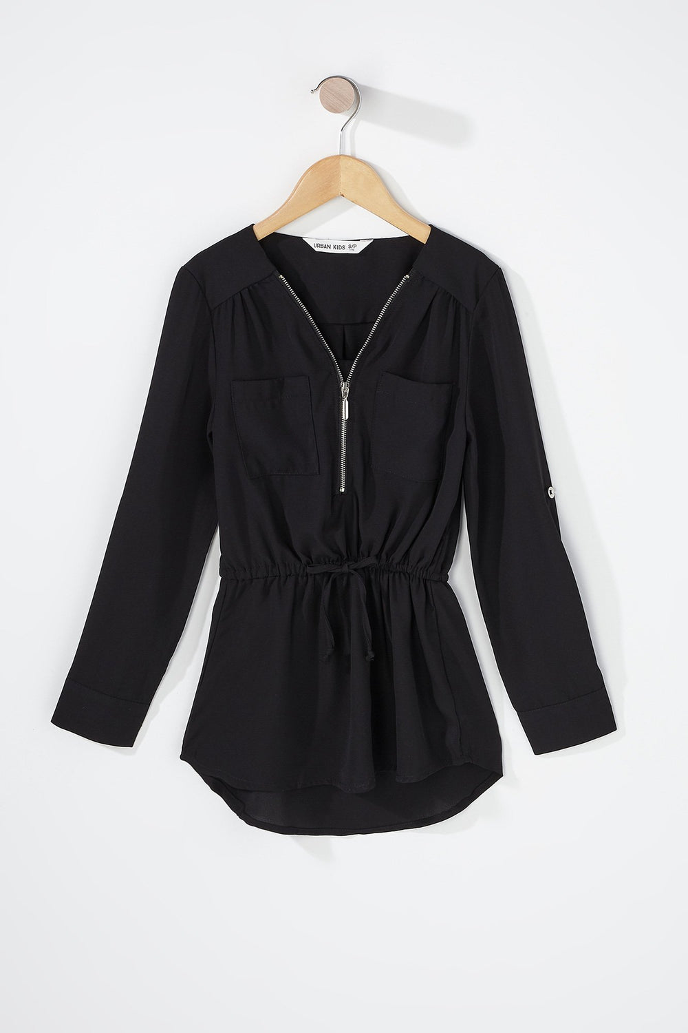 Kids Blouse à revers roulés à taille coulissante et demi-fermeture à glissière pour fille Noir