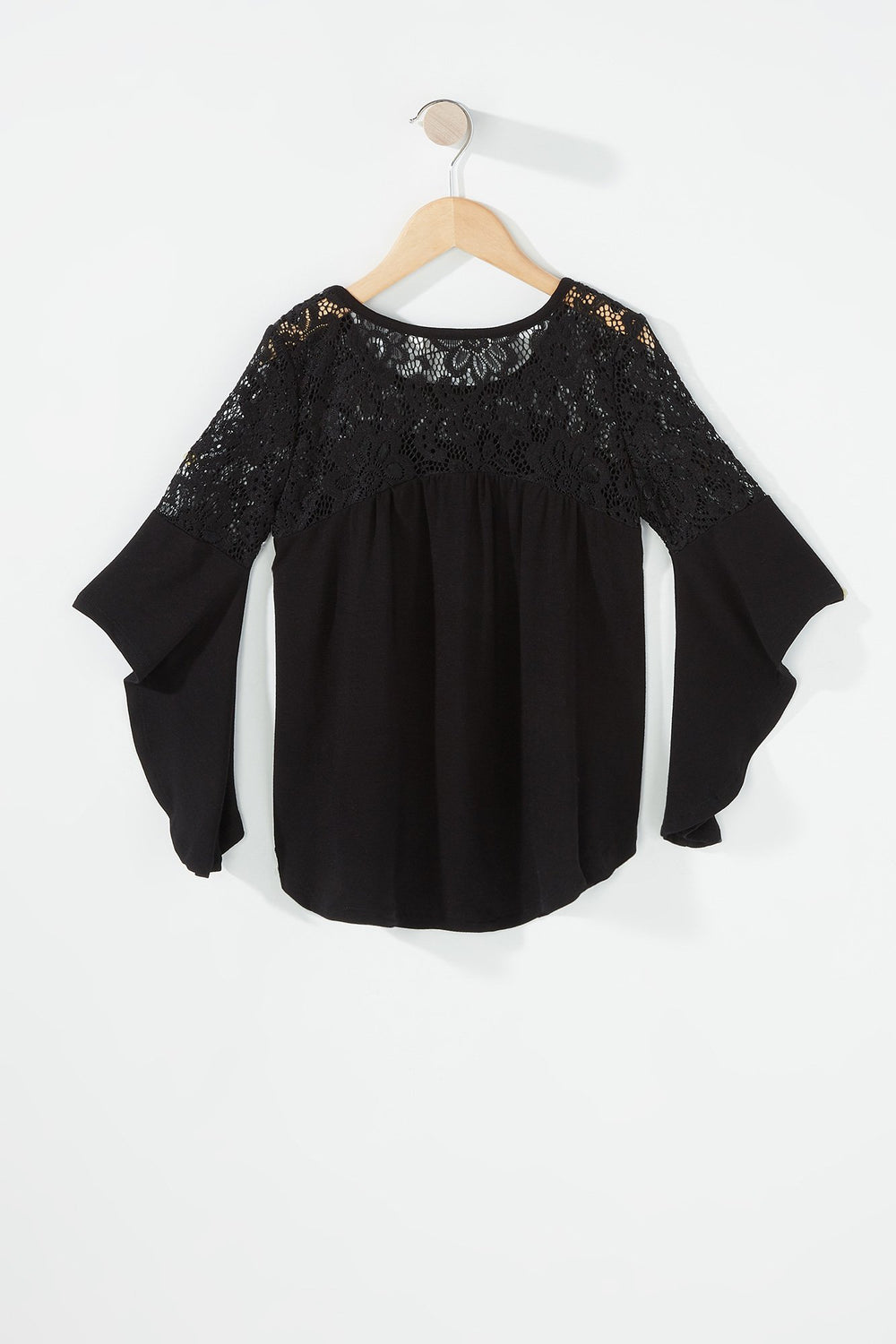 Kids Blouse volantée en dentelle avec manches évasées fendues pour fille Noir