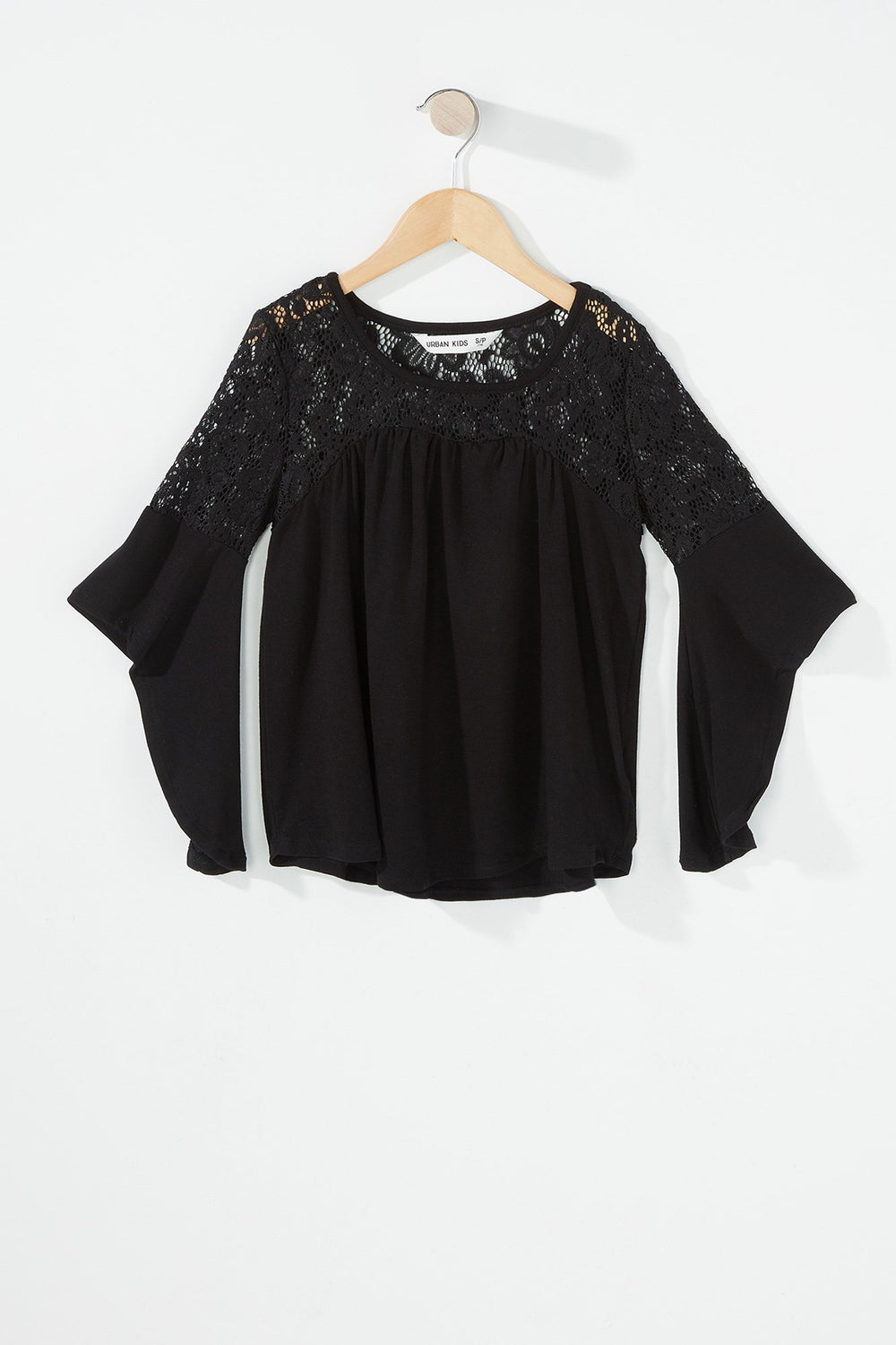 Kids Blouse volantée en dentelle avec manches évasées fendues pour fille Noir
