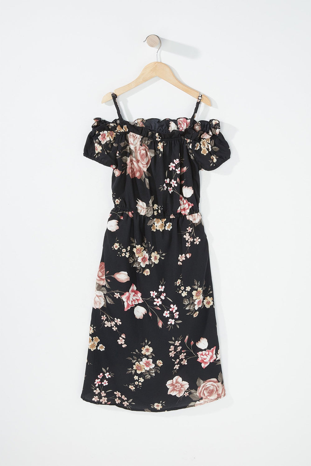 Kids Combi-short volanté fleuri à épaules dénudées et taille coulissante pour fille Noir