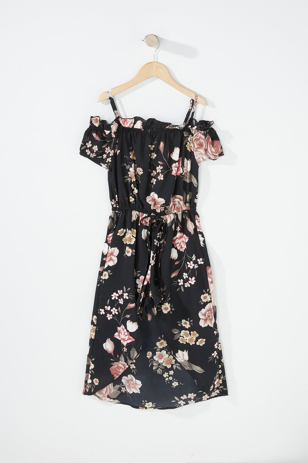 Kids Combi-short volanté fleuri à épaules dénudées et taille coulissante pour fille Noir