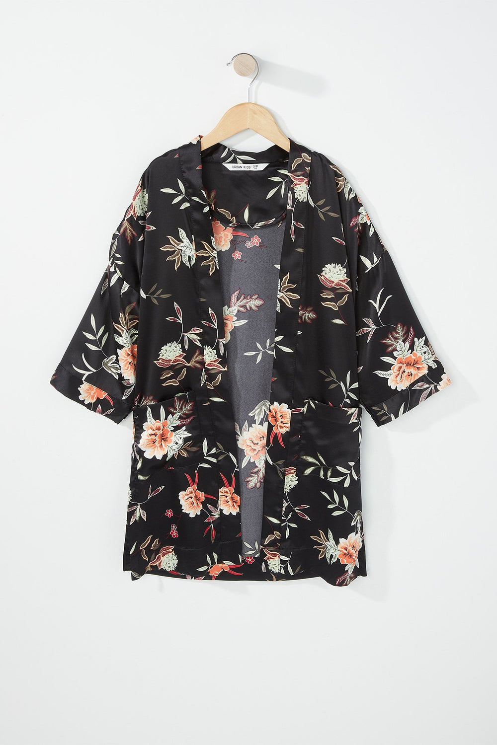 Kids Kimono fleuri avec ceinture pour fille Noir