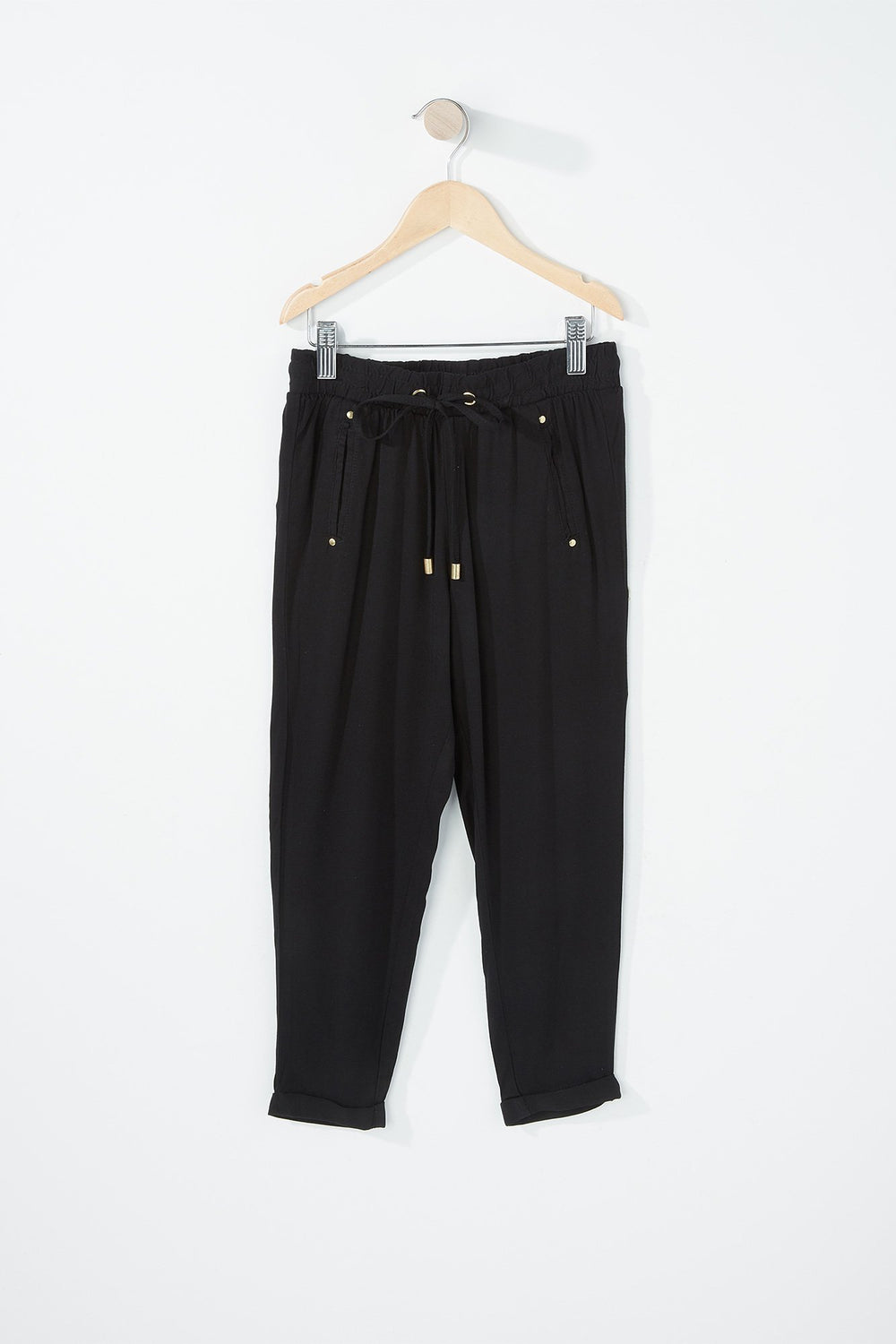 Kids Pantalon léger imprimé à taille coulissante et revers roulés pour fille Noir