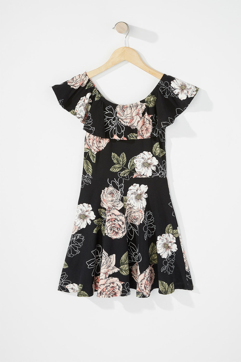 Kids Robe à plis volantée fleurie à épaules dénudées pour fille Noir