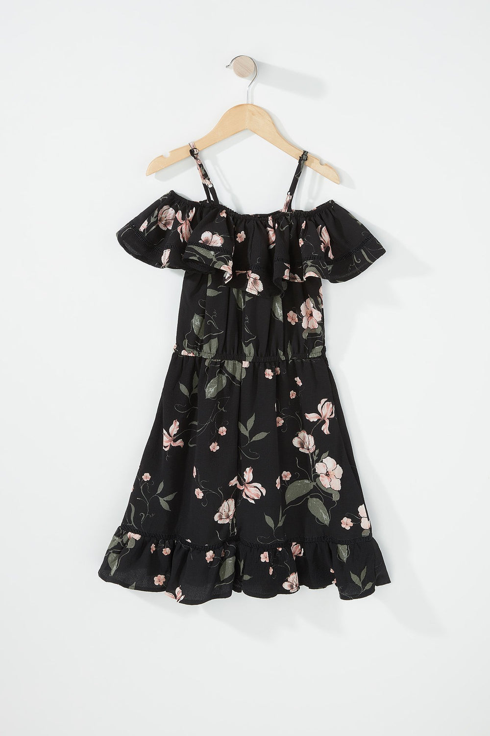 Kids Robe légère volantée fleurie à épaules dénudées pour fille Noir