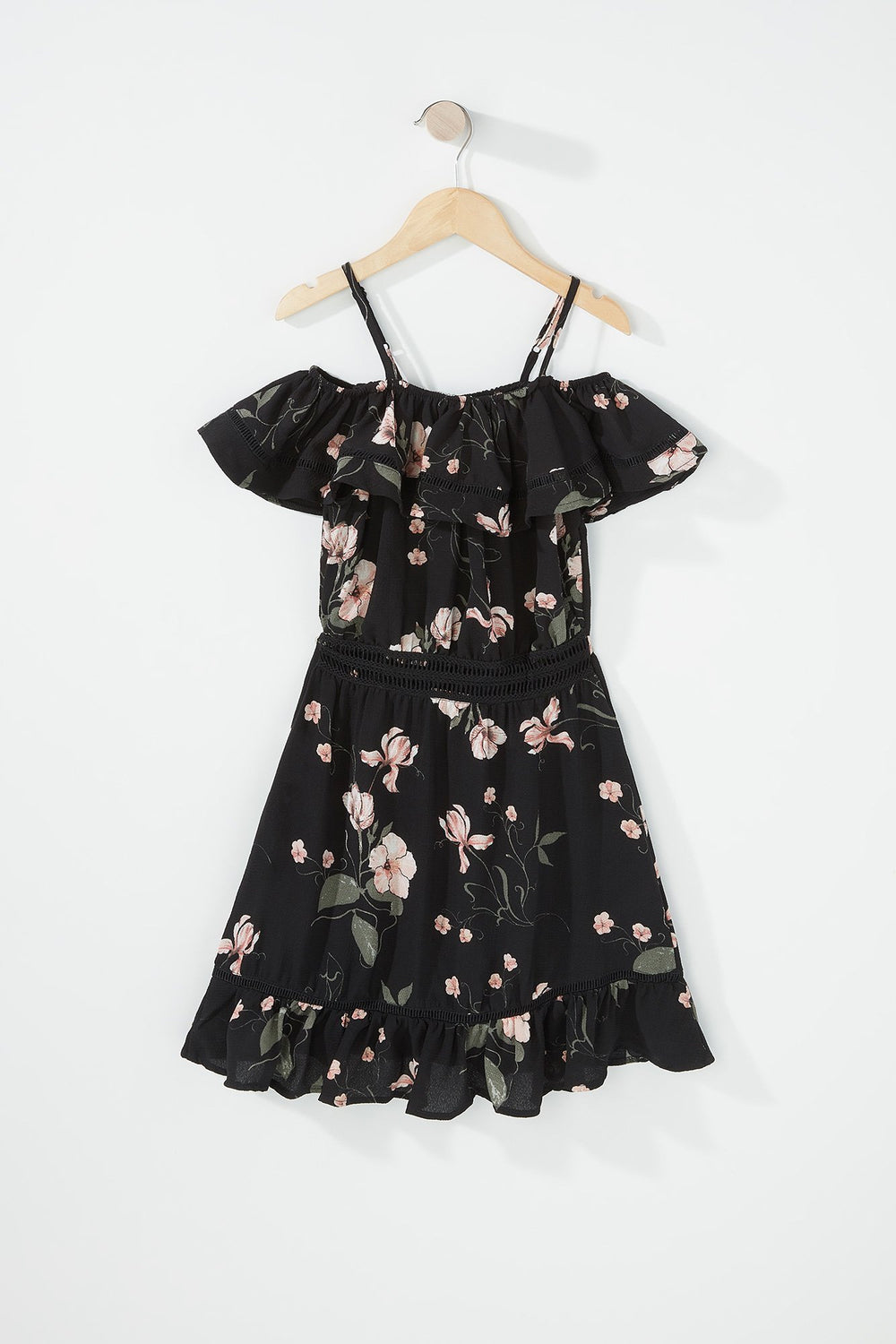Kids Robe légère volantée fleurie à épaules dénudées pour fille Noir