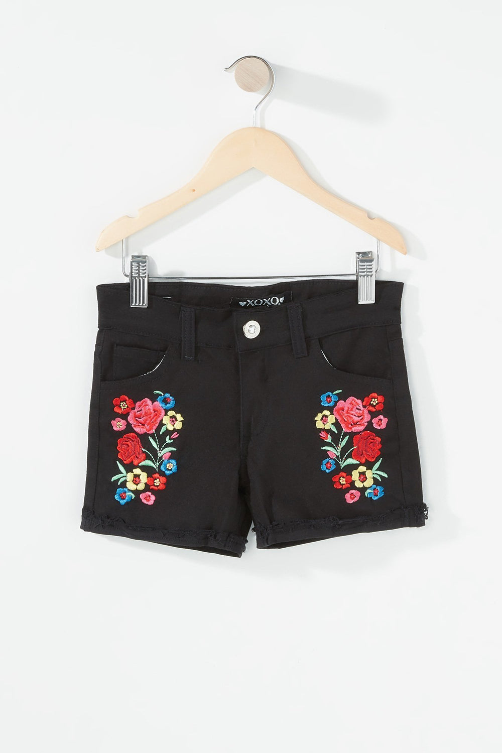 Kids Short en denim à broderies florales avec franges pour fille Noir