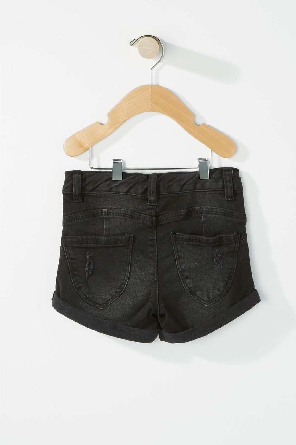 Kids Short en denim d'aspect usé à revers roulés pour fille Noir