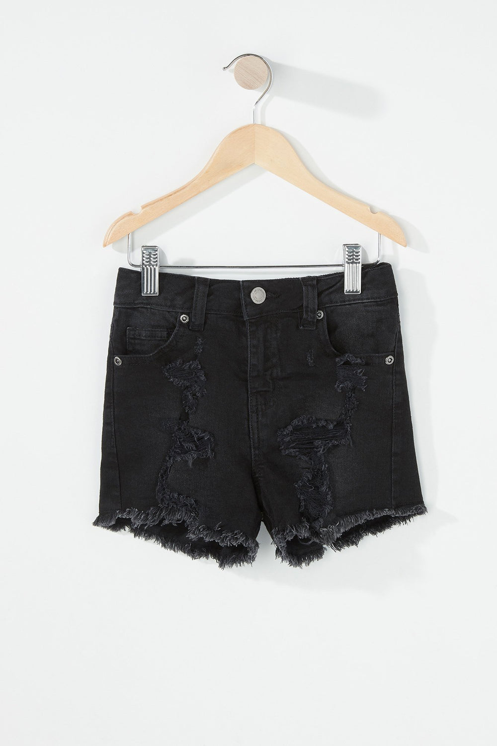 Kids Short en denim d'aspect usé avec franges pour fille Noir