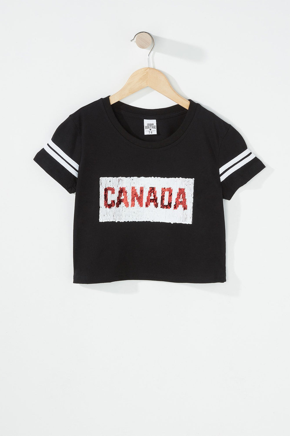 Kids T-shirt court rayé de style universitaire à imprimé Canada en paillettes réversibles pour fille Noir