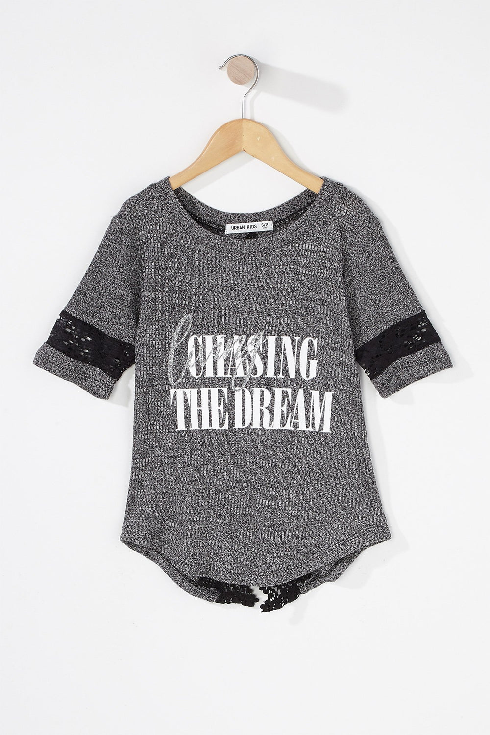 Kids T-shirt crocheté côtelé imprimé à ourlet arrondi Noir