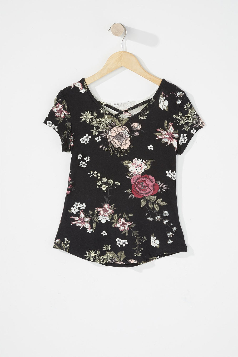 Kids T-shirt fleuri avec dos crocheté et motif de cage au cou pour fille Noir