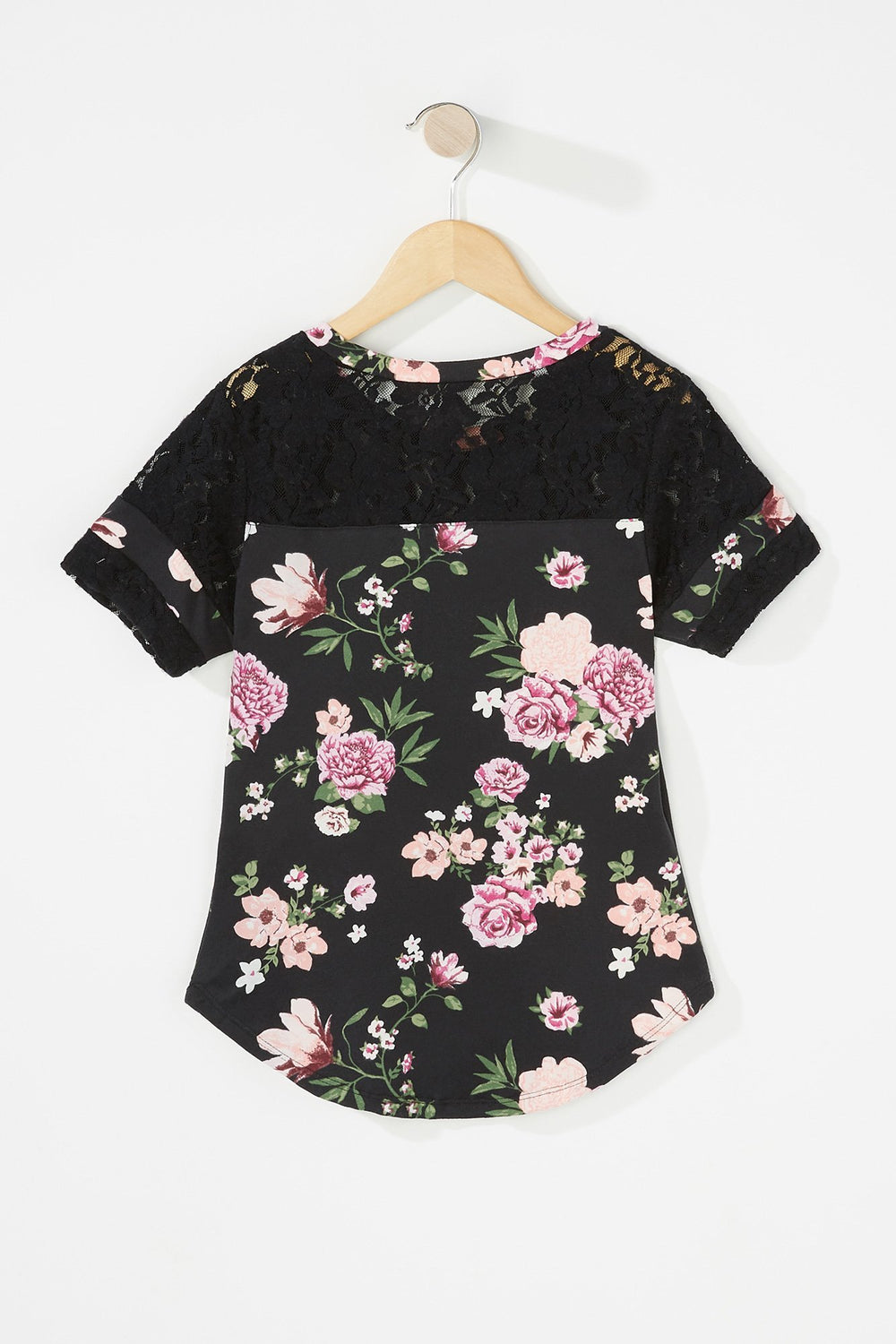 Kids T-shirt fleuri avec manches en dentelle et rayures de style universitaire pour fille Noir