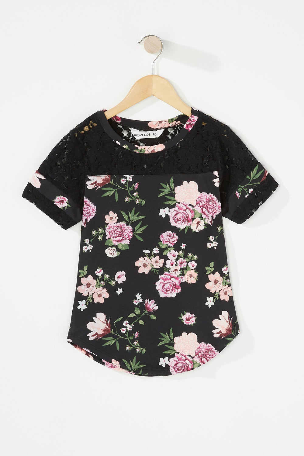 Kids T-shirt fleuri avec manches en dentelle et rayures de style universitaire pour fille Noir