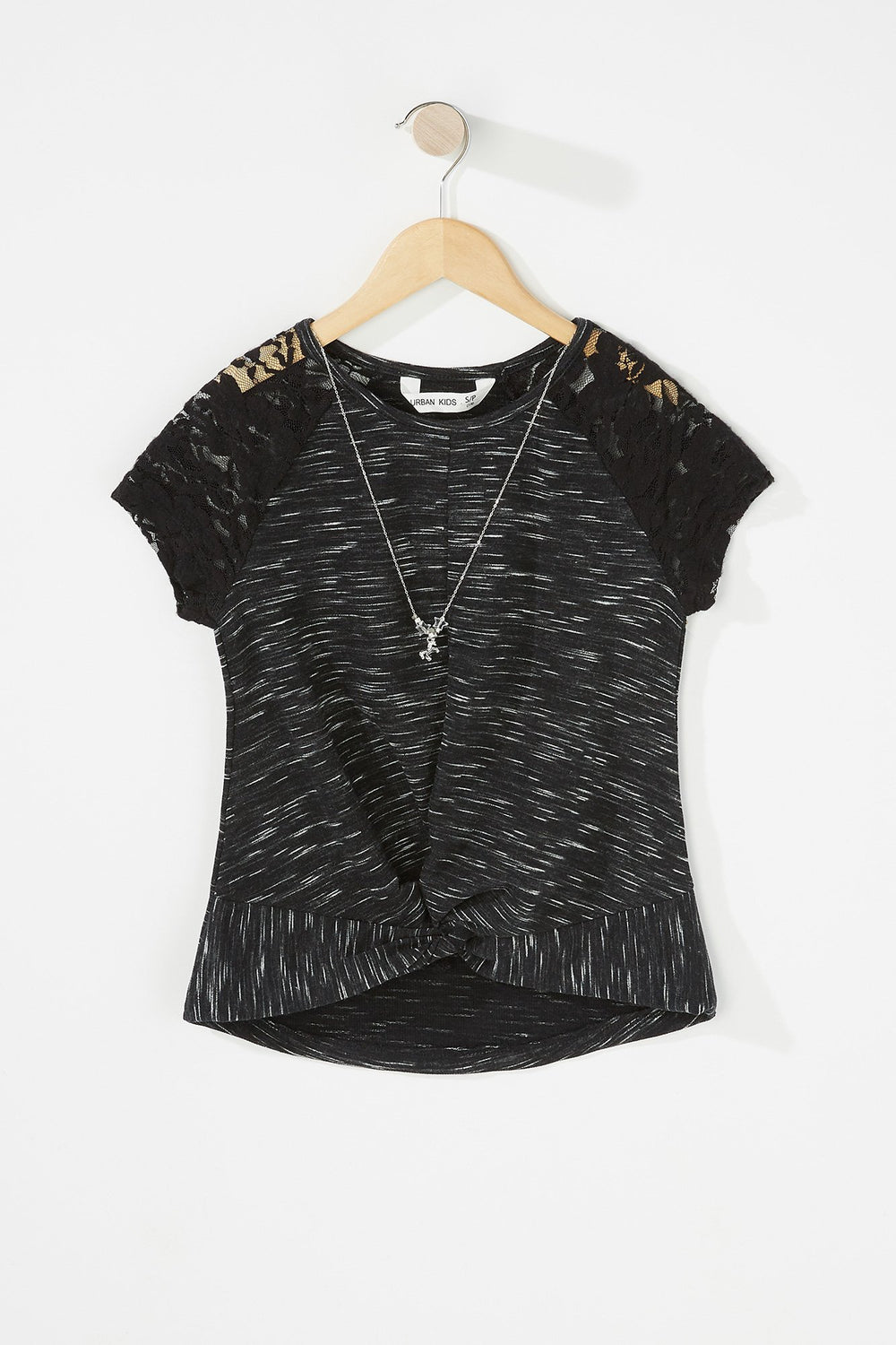 Kids T-shirt noué devant avec manches en dentelle et collier pour fille Noir