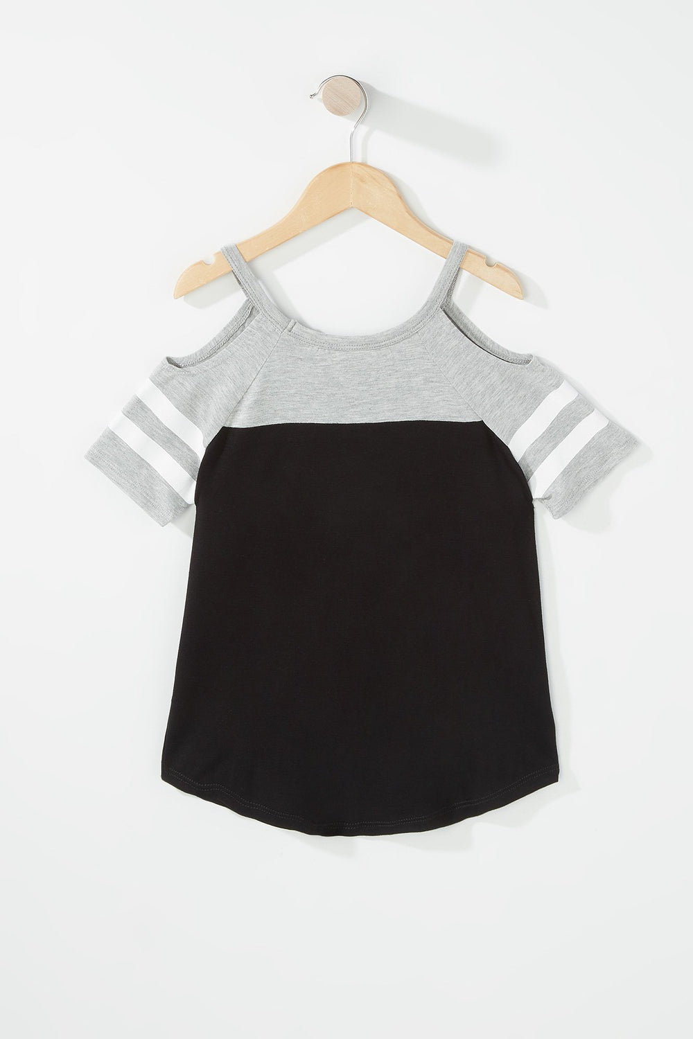 Kids T-shirt rayé de style universitaire à épaules dénudées pour fille Noir