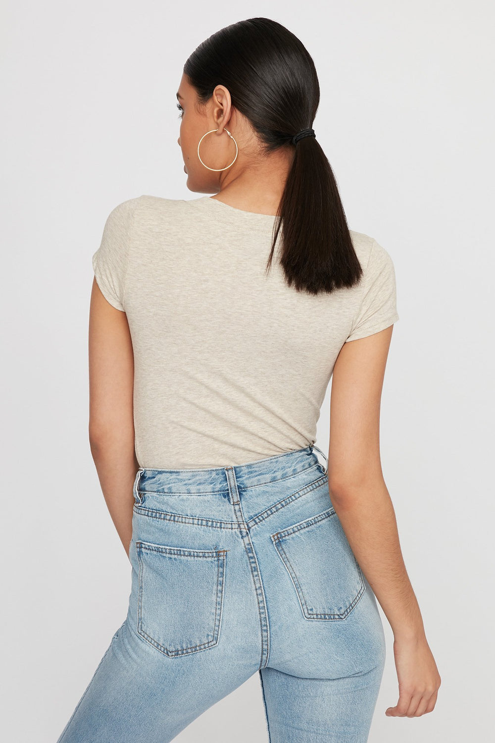 Women Basic V-Neck T-Shirt Oatmeal