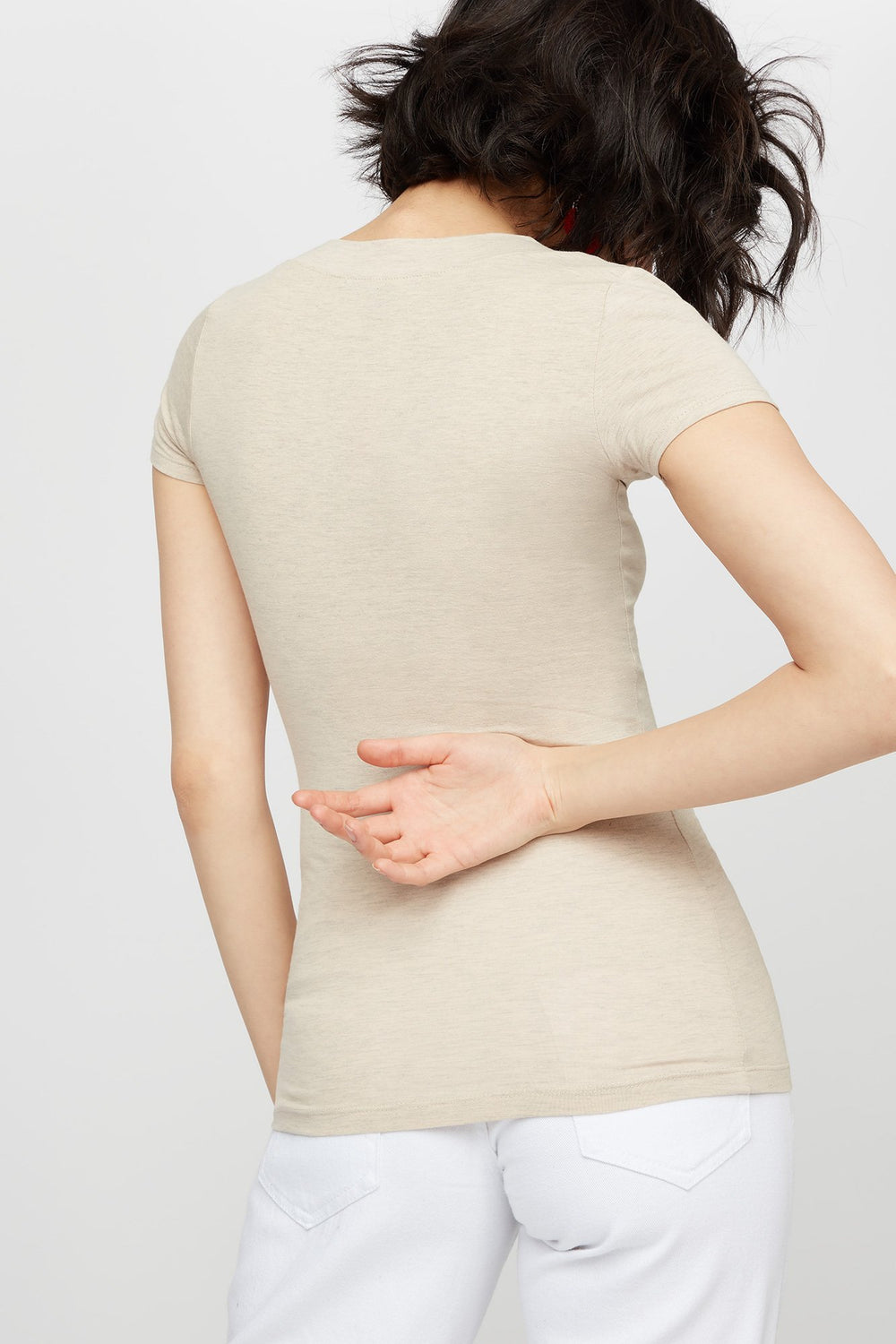 Women Basic V-Neck T-Shirt Oatmeal