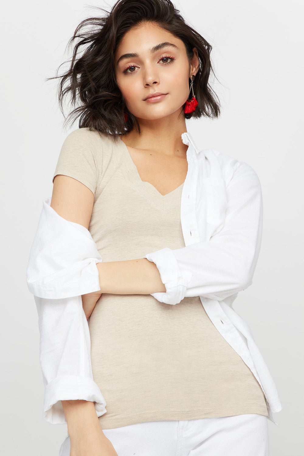 Women Basic V-Neck T-Shirt Oatmeal
