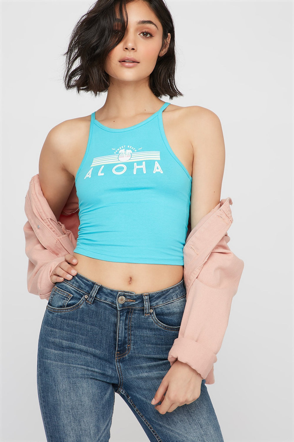 Women Sunset Beach Aloha Graphic Cropped Tank Ocean Blue