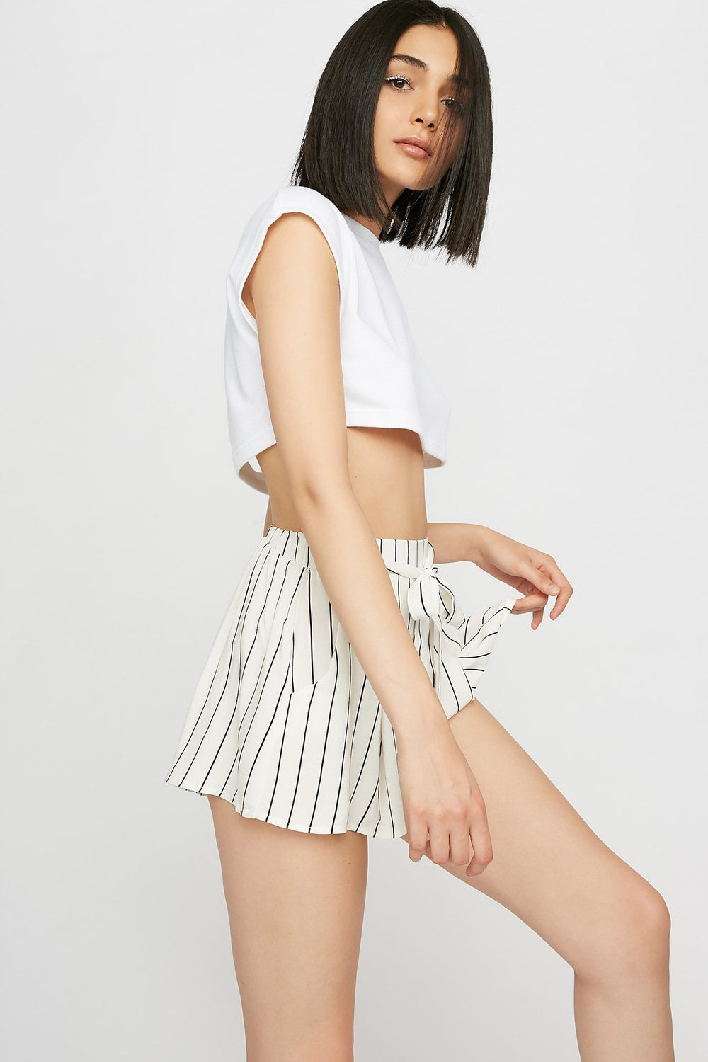 Women High-Rise Striped Self-Tie Lightweight Short Off White