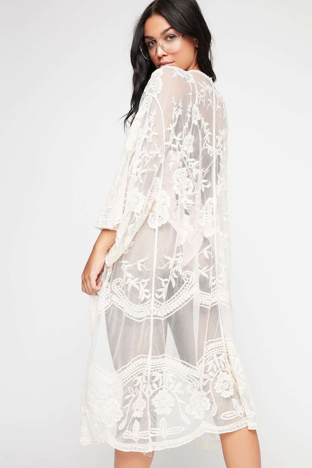 Women Lace Floral Mesh Longline Kimono Off White