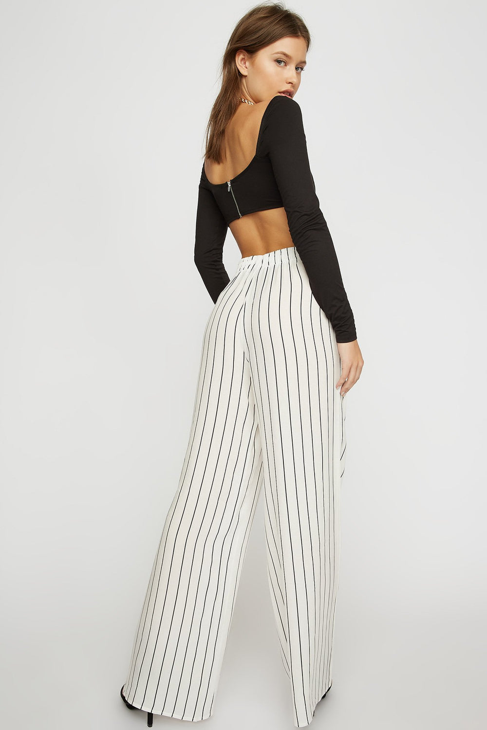 Women Striped Tassel Drawstring Palazzo Pant Off White