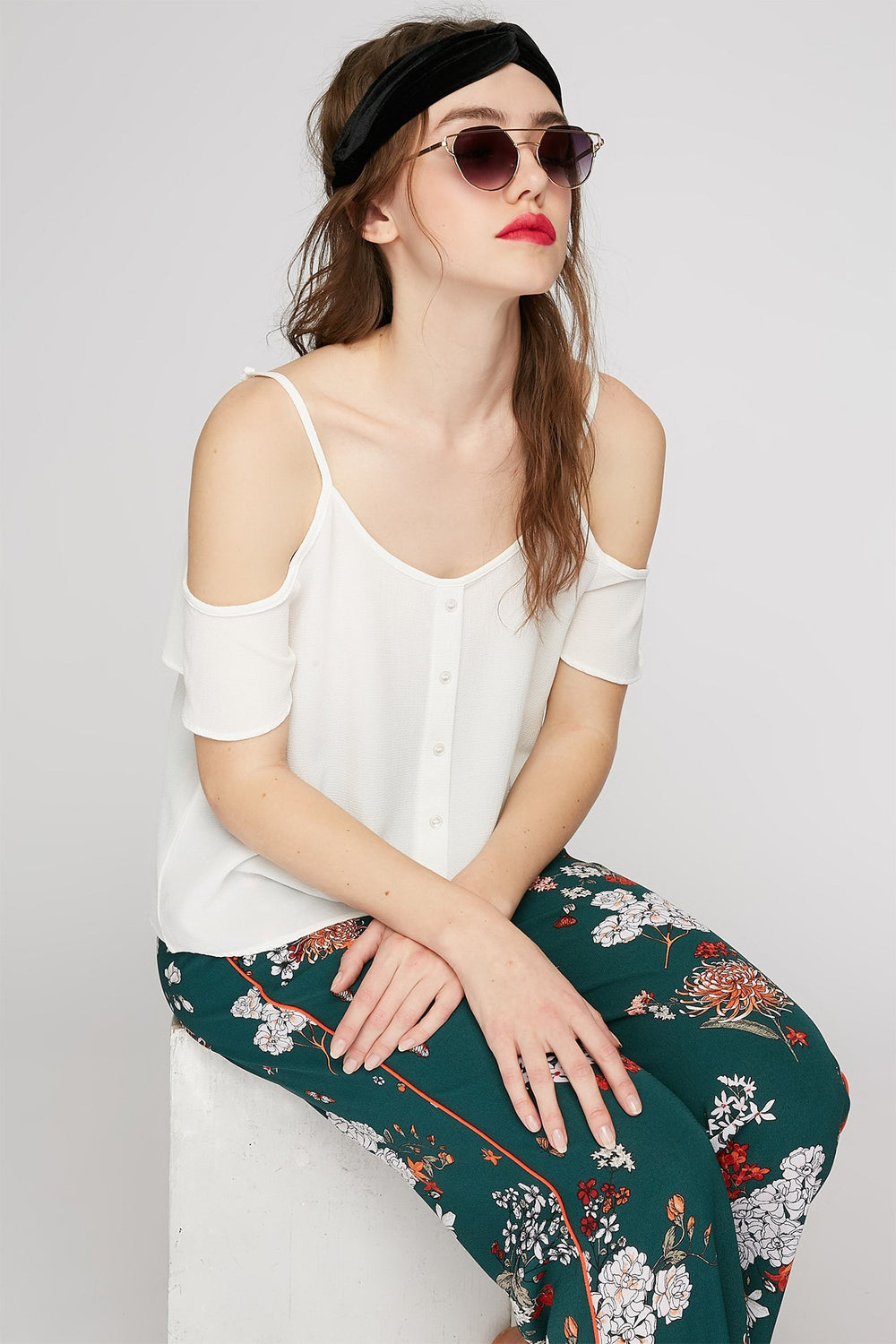 Women Cold Shoulder Button-Up Blouse Off White
