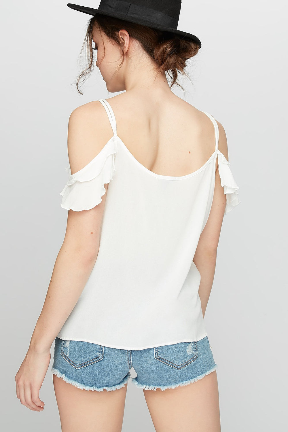 Women Cold Shoulder Caged Ruffle T-Shirt Off White
