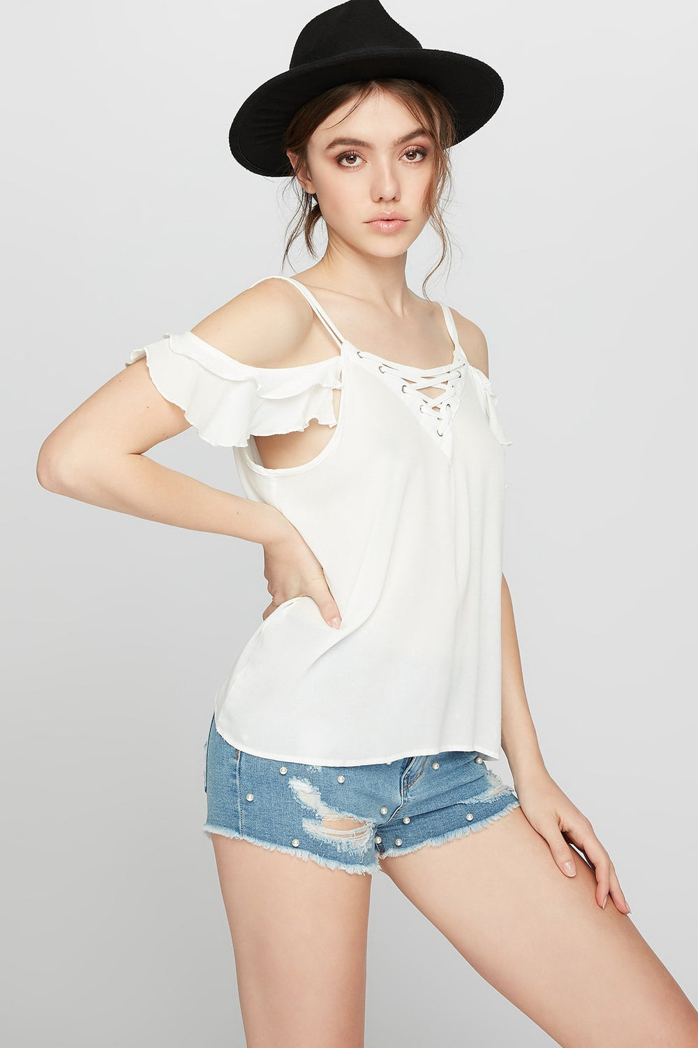Women Cold Shoulder Caged Ruffle T-Shirt Off White