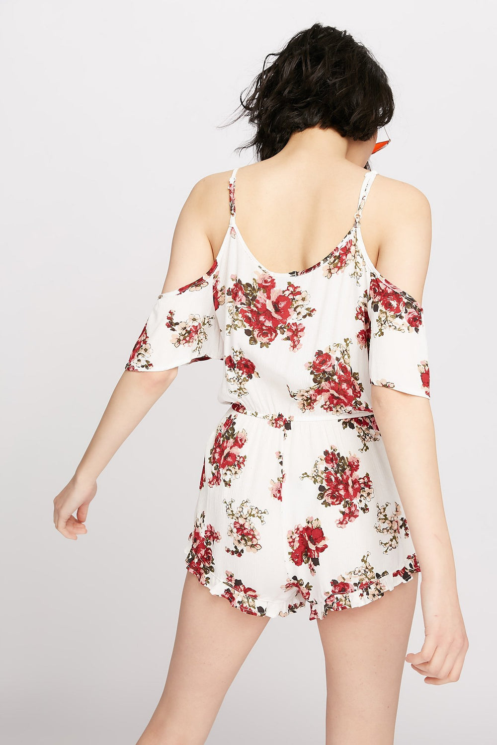 Women Cold Shoulder Faux-Wrap Ruffle Floral Romper Off White