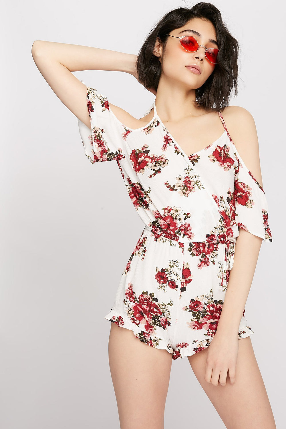 Women Cold Shoulder Faux-Wrap Ruffle Floral Romper Off White