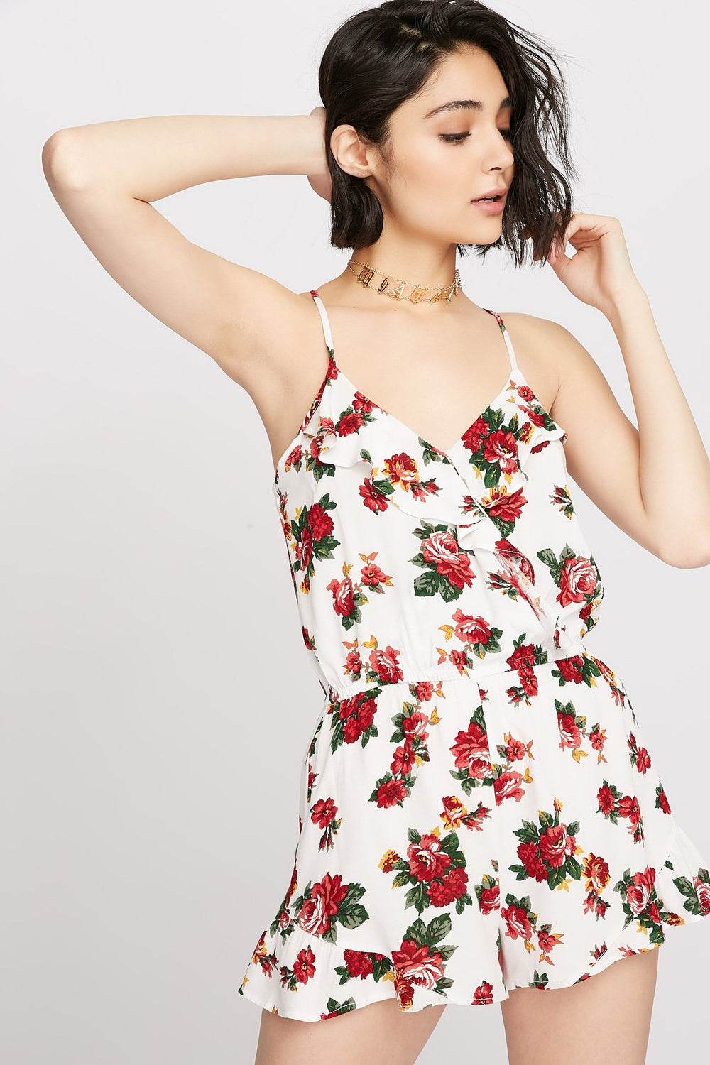 Women Faux-Wrap Floral Ruffle Romper Off White