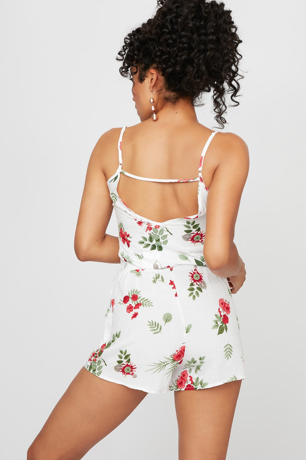 Women Floral Drawstring Romper Off White