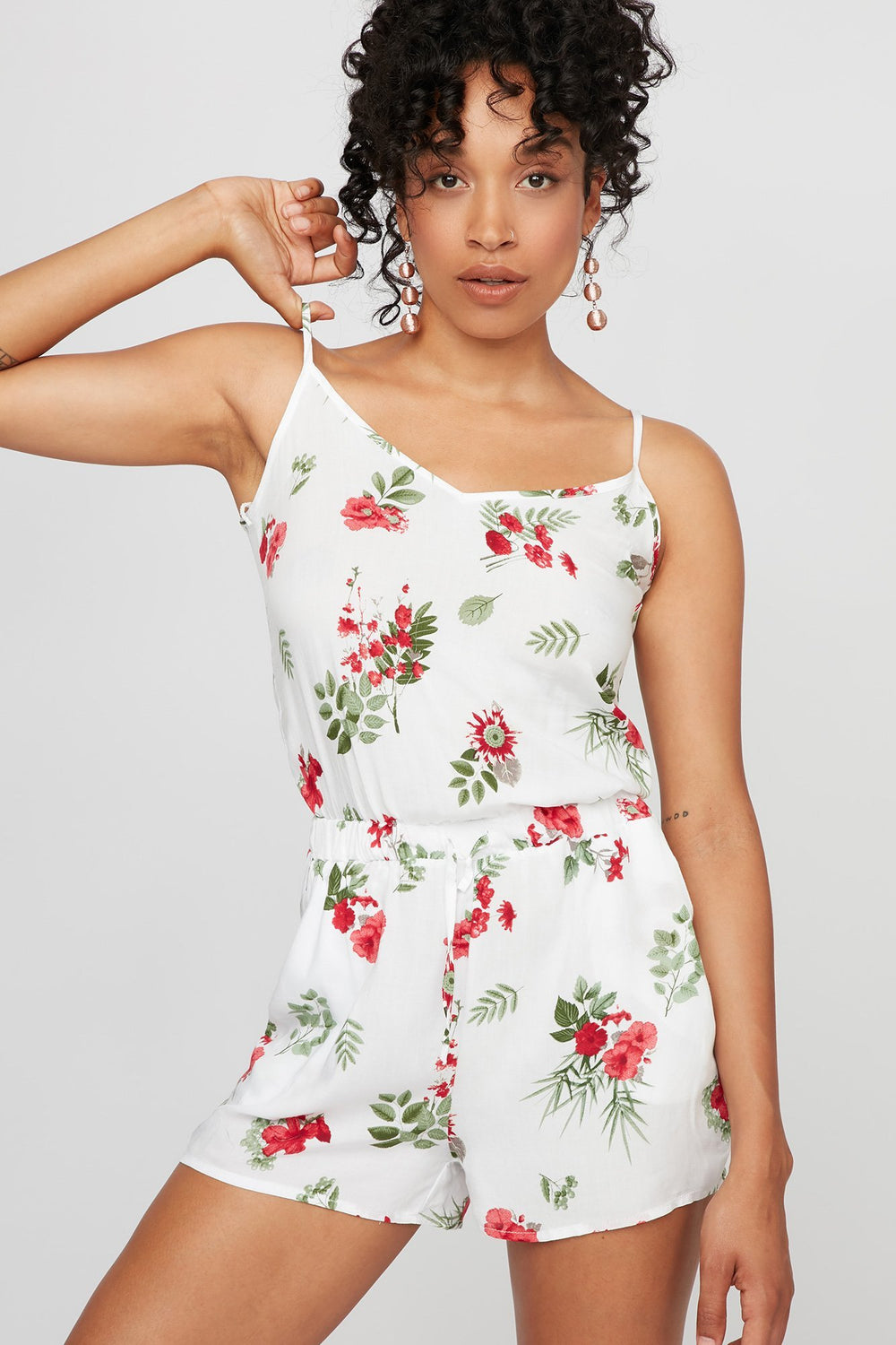 Women Floral Drawstring Romper Off White