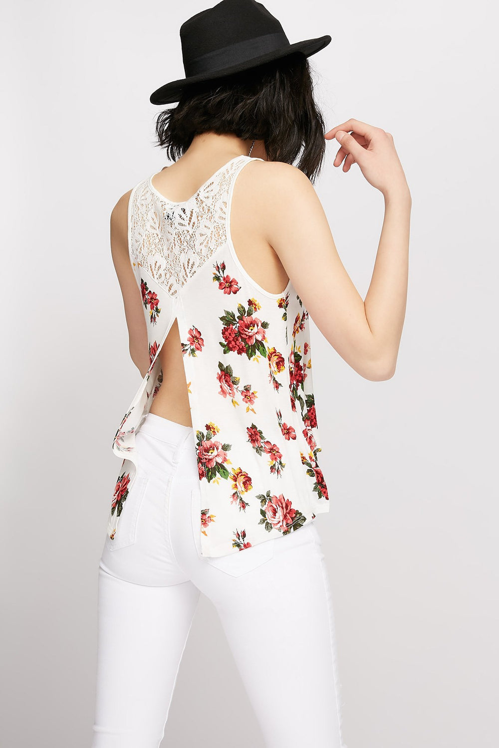 Women Lace Floral Open-Back Tank Off White