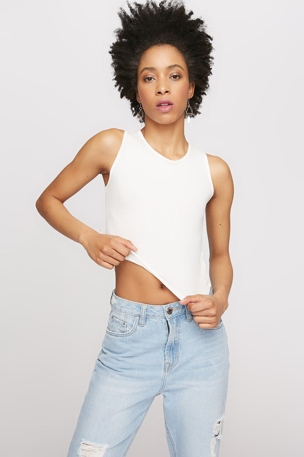 Women Lace-Up Back Ribbed Cropped Tank Off White